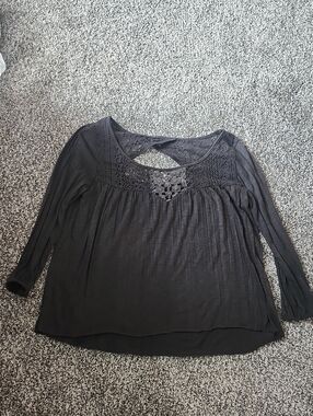 American Eagle Outfitters Black Crochet Yoke Long Sleeve Top
